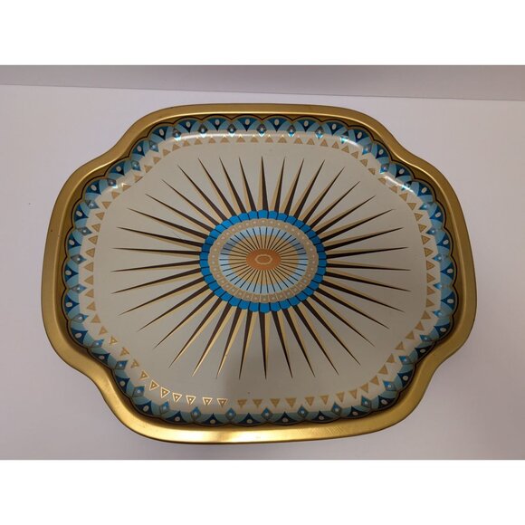 MCM Baret Ware Metal Serving Tray Gold Trim Tulips Starburst Made In England - Picture 1 of 7